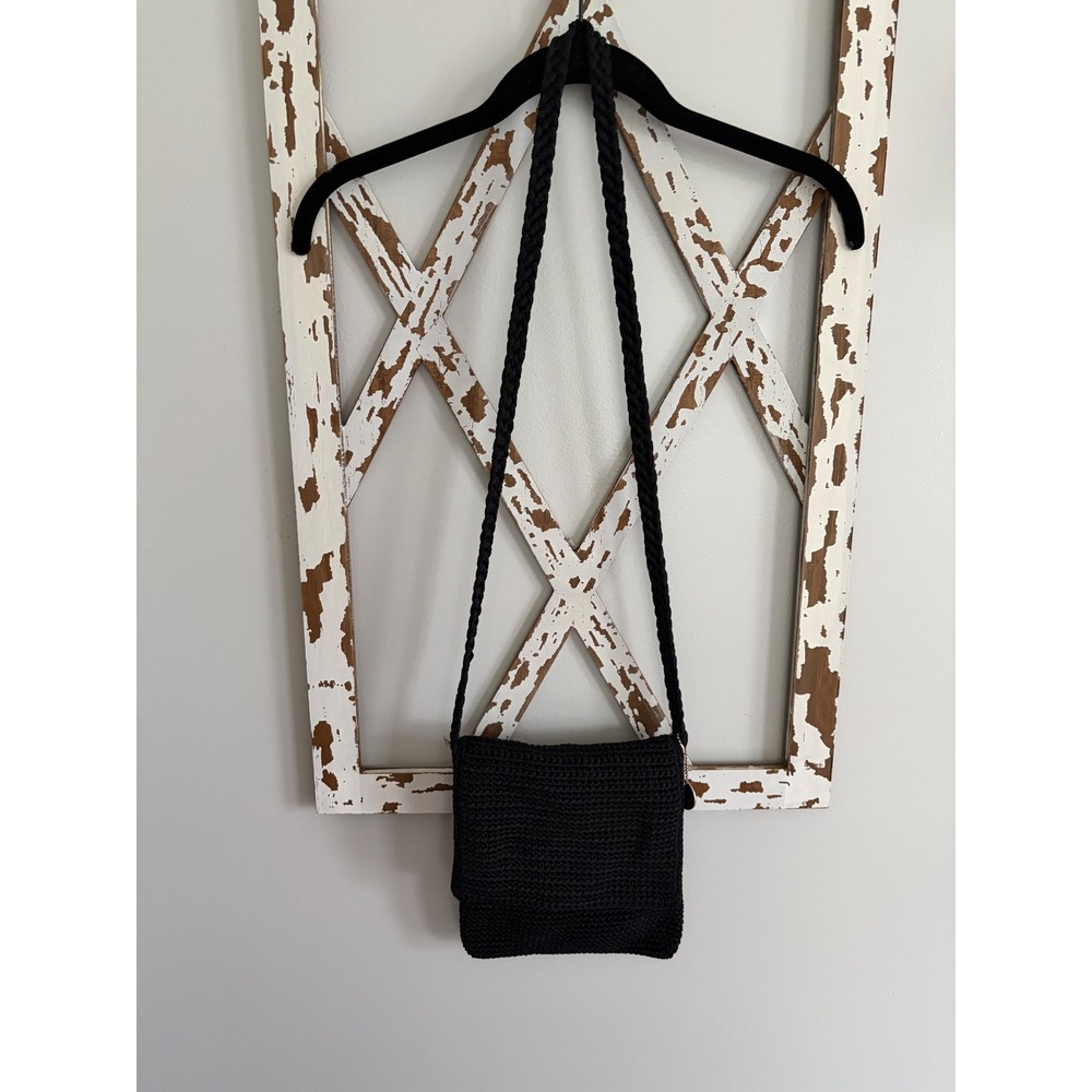 The Sak Knit Crochet Woven Flap Zippered Lined Crossbody Black